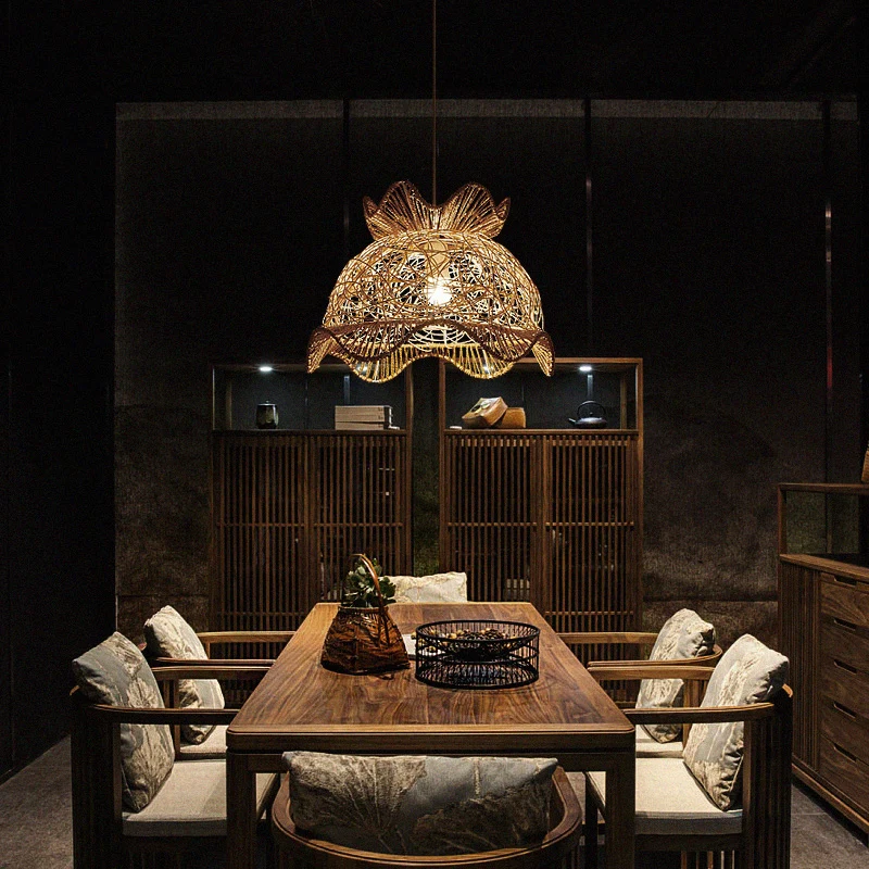 Houten geschulpte plafondlamp Aziatische stijl 1 hoofd Rotan hanglamp voor restaurant Clearhalo