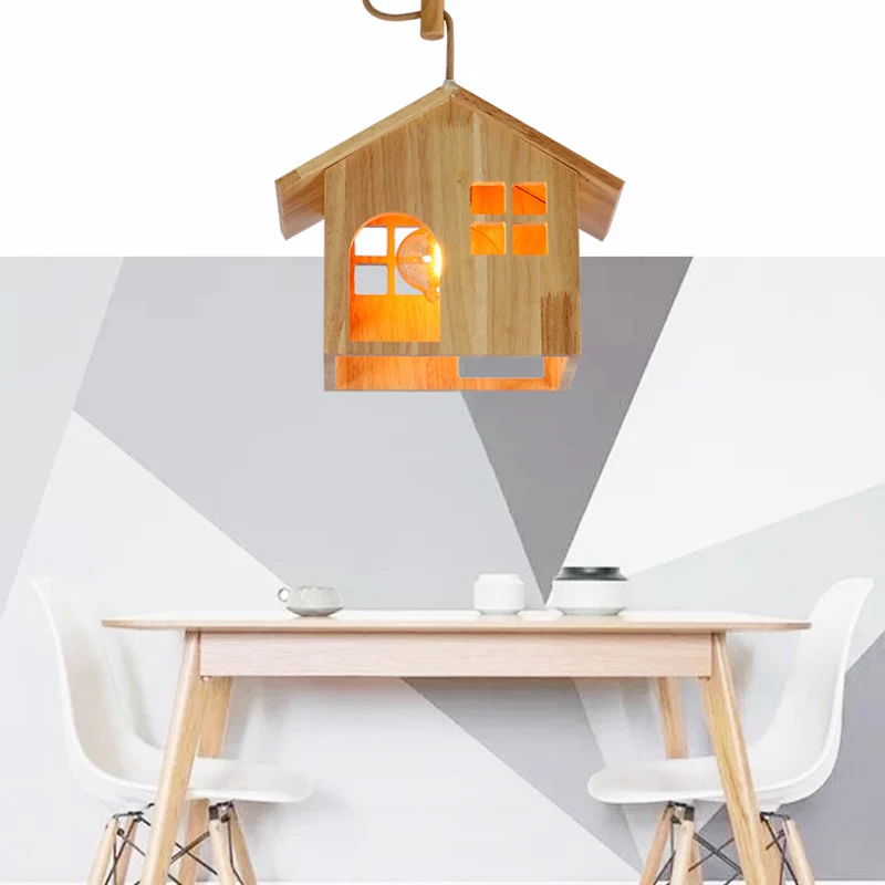 Houten huisvormige hanglamp Moderne 1-lichts hanglamp van natuurlijk hout met verstelbaar snoer voor eetkamer Clearhalo