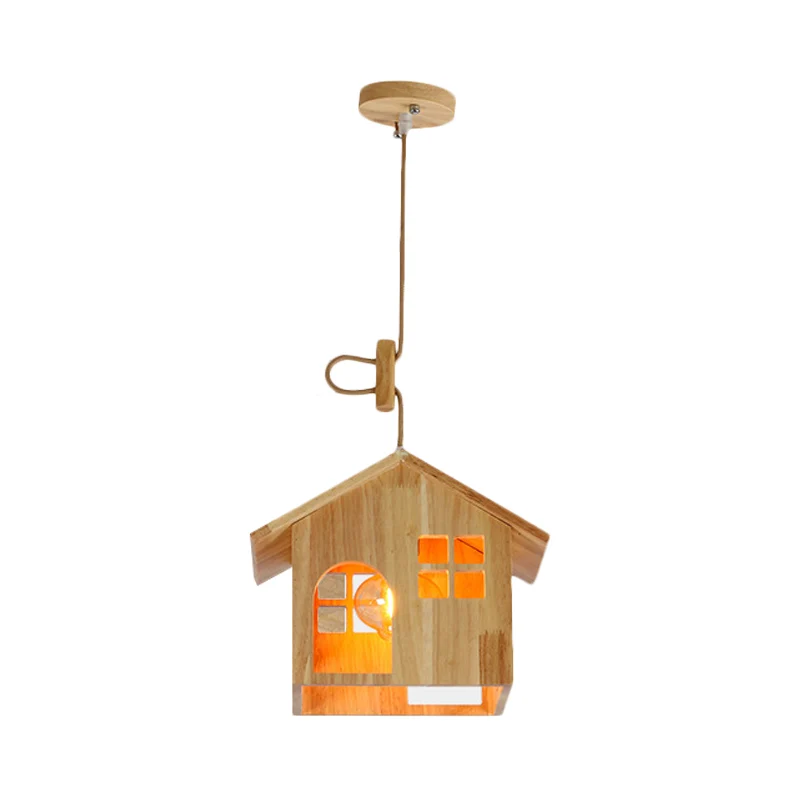 Houten huisvormige hanglamp Moderne 1-lichts hanglamp van natuurlijk hout met verstelbaar snoer voor eetkamer Clearhalo