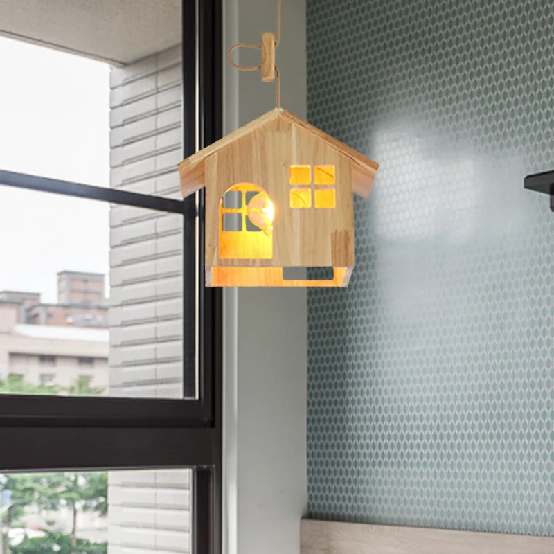 Houten huisvormige hanglamp Moderne 1-lichts hanglamp van natuurlijk hout met verstelbaar snoer voor eetkamer Clearhalo
