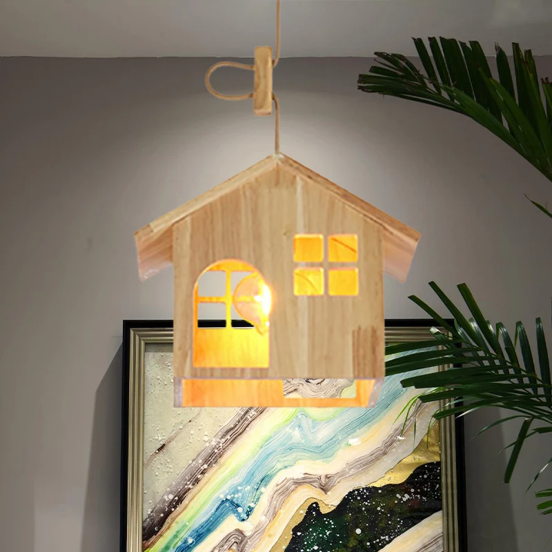 Houten huisvormige hanglamp Moderne 1-lichts hanglamp van natuurlijk hout met verstelbaar snoer voor eetkamer Clearhalo