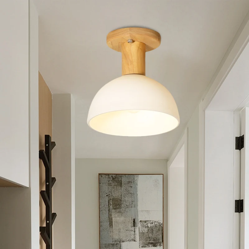 Houten koepel semi-inbouwlamp Eenvoudig 1 lamp Wit glazen plafondlamparmatuur voor gang Clearhalo