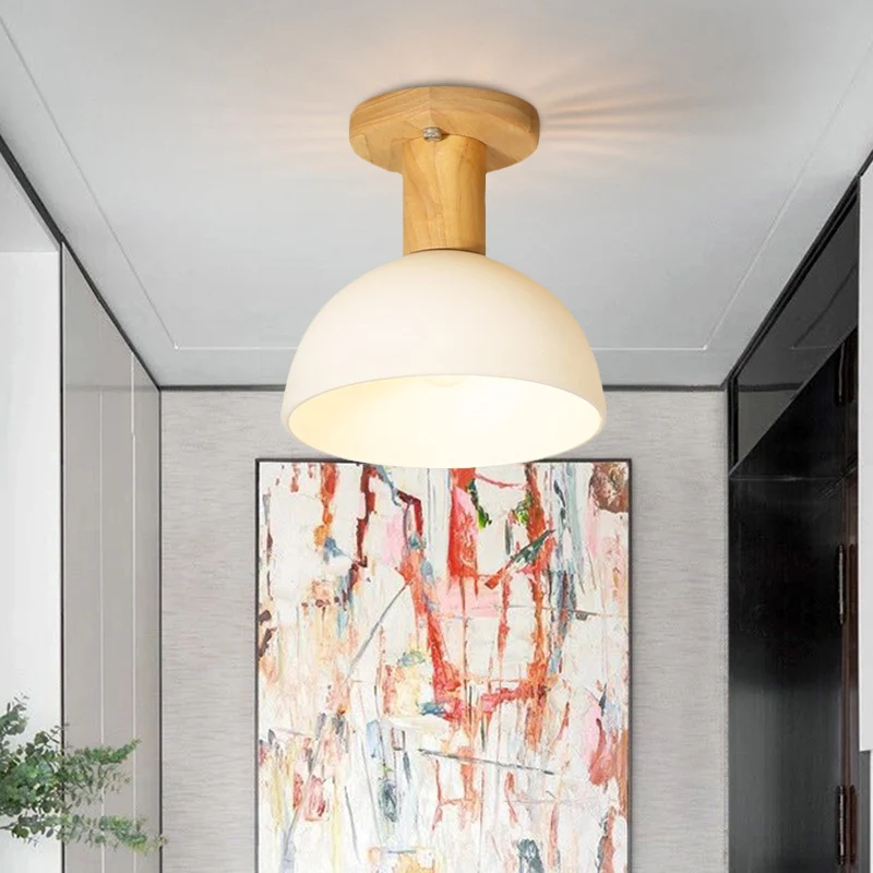 Houten koepel semi-inbouwlamp Eenvoudig 1 lamp Wit glazen plafondlamparmatuur voor gang Clearhalo