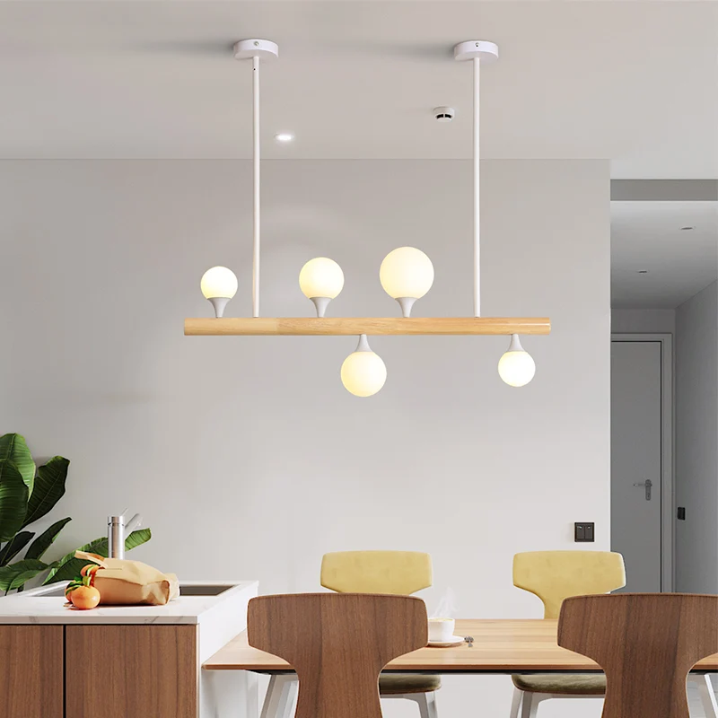 Houten lineaire hangende eilandlamp Minimalisme Opaalbol Glazen druppelhanger voor restaurant Clearhalo
