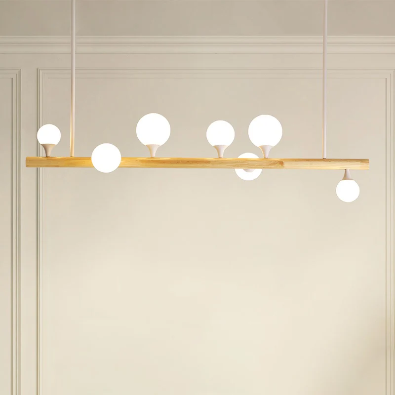 Houten lineaire hangende eilandlamp Minimalisme Opaalbol Glazen druppelhanger voor restaurant Clearhalo
