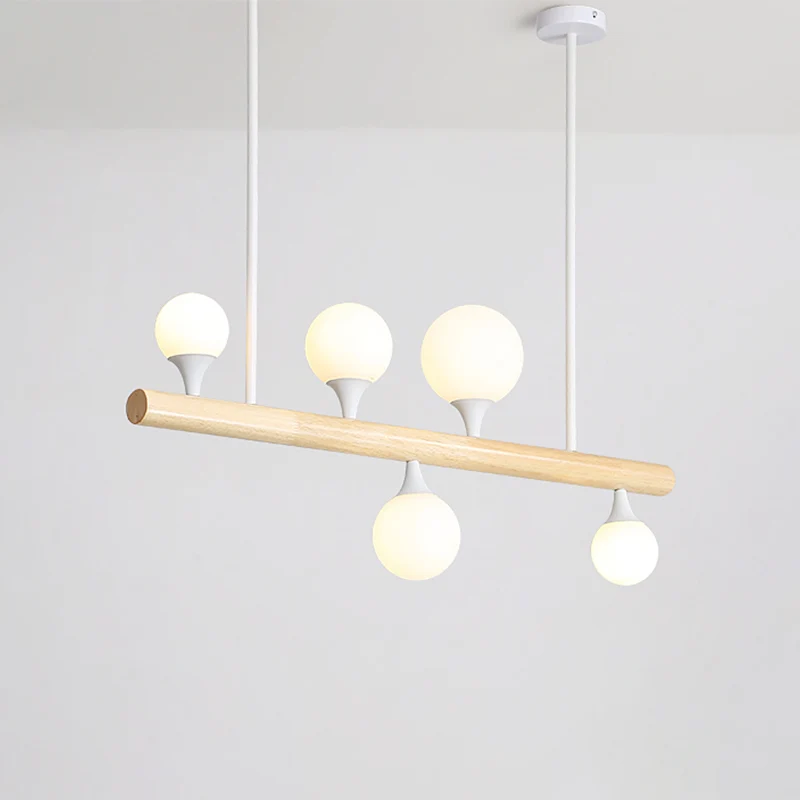 Houten lineaire hangende eilandlamp Minimalisme Opaalbol Glazen druppelhanger voor restaurant Clearhalo