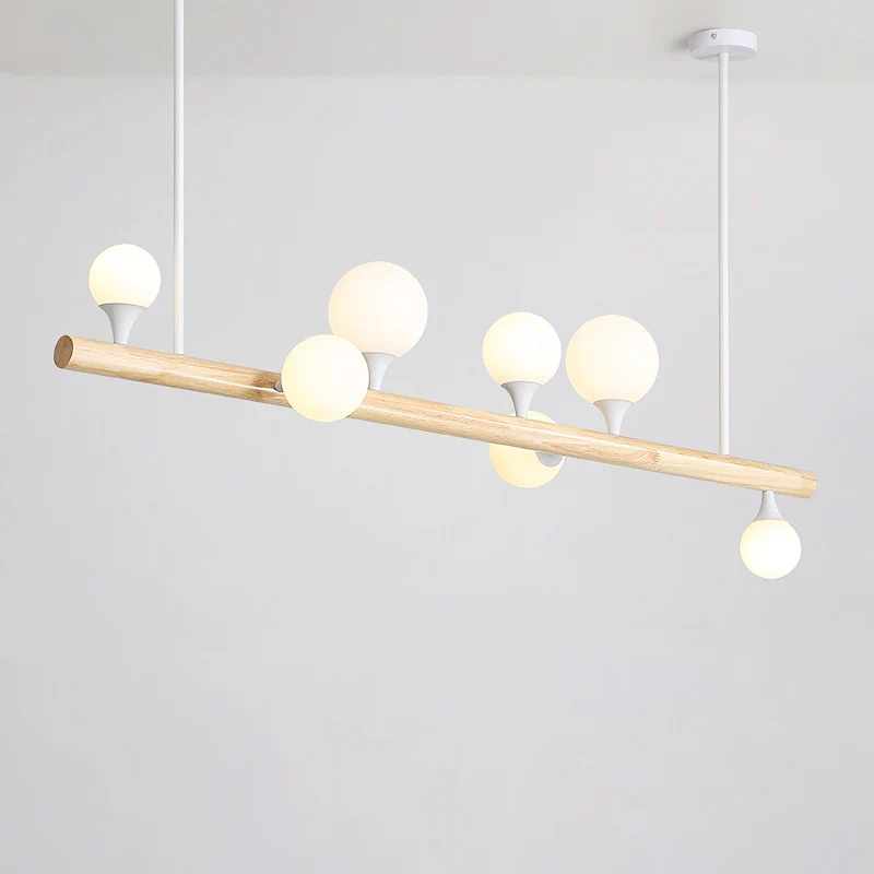 Houten lineaire hangende eilandlamp Minimalisme Opaalbol Glazen druppelhanger voor restaurant Clearhalo