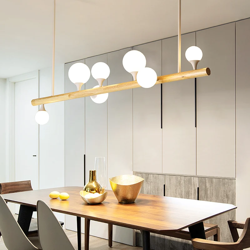 Houten lineaire hangende eilandlamp Minimalisme Opaalbol Glazen druppelhanger voor restaurant Clearhalo