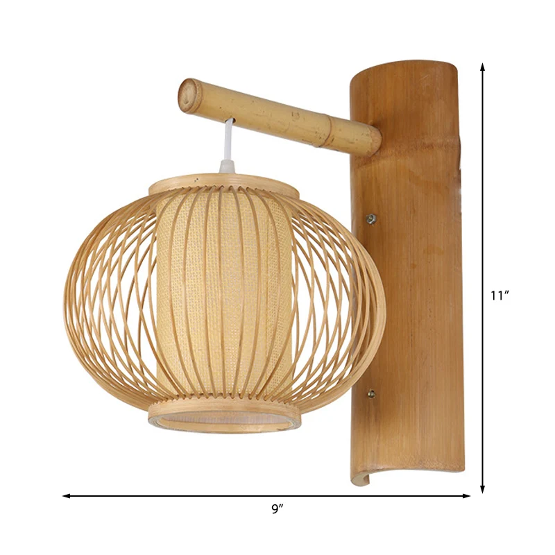 Houten Pompoen Wandlamp Hedendaags Bamboe 1 Lamp Schans Lichtarmatuur met Binnencilinder Perkament Schaduw Clearhalo