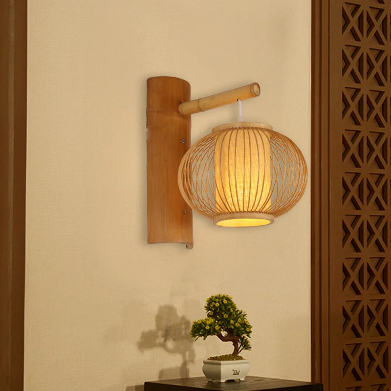 Houten Pompoen Wandlamp Hedendaags Bamboe 1 Lamp Schans Lichtarmatuur met Binnencilinder Perkament Schaduw Clearhalo