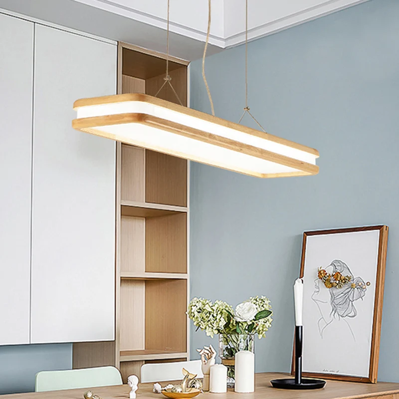 Houten rechthoekige hangende eilandlamp Minimalistische LED-plafondhanglamp van acryl voor het diner Clearhalo