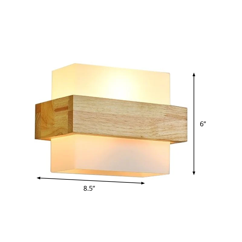 Houten rechthoekige wandlamp modernistisch 1-kops beige schanslamp met witte glazen kap Clearhalo
