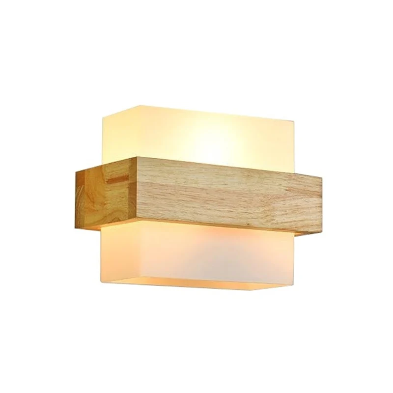 Houten rechthoekige wandlamp modernistisch 1-kops beige schanslamp met witte glazen kap Clearhalo