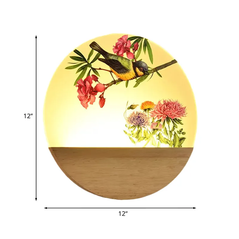 Houten ronde vogel en boom muurschildering licht Chinese stijl LED acryl wandverlichting idee voor nachtkastje Clearhalo