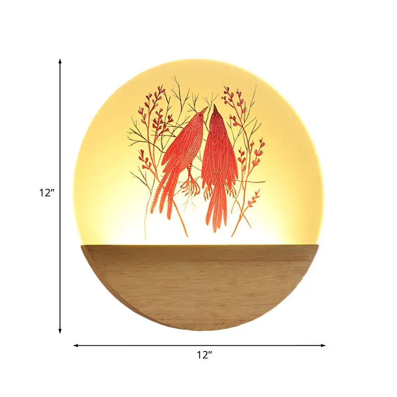 Houten ronde vogel en boom muurschildering licht Chinese stijl LED acryl wandverlichting idee voor nachtkastje Clearhalo