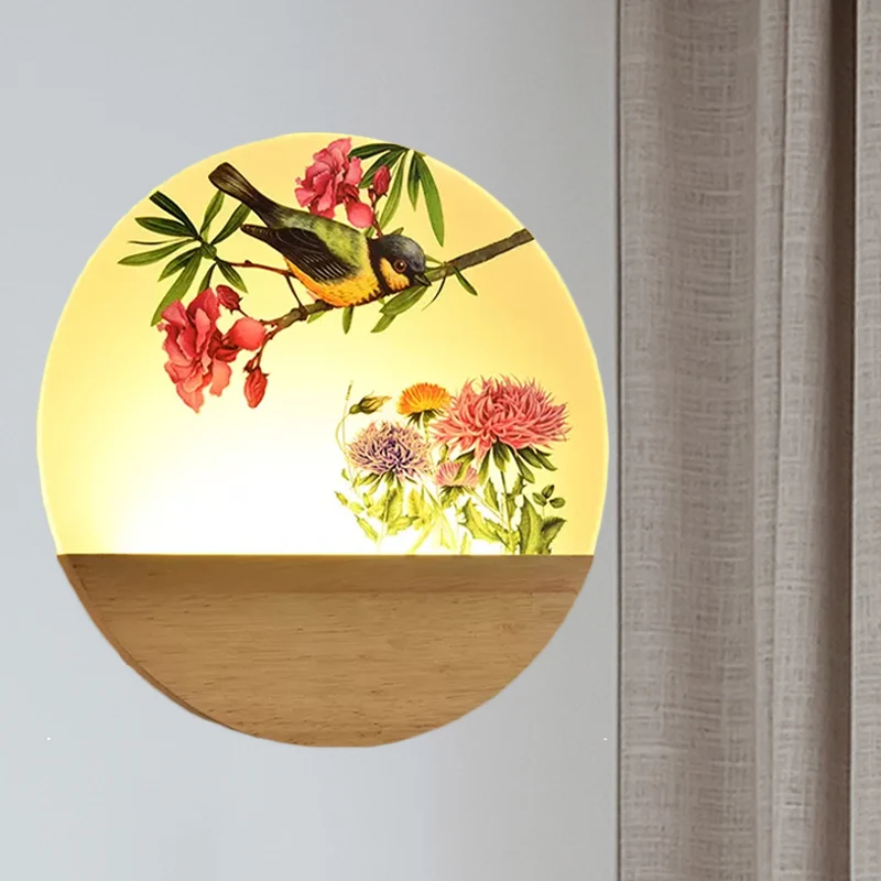 Houten ronde vogel en boom muurschildering licht Chinese stijl LED acryl wandverlichting idee voor nachtkastje Clearhalo