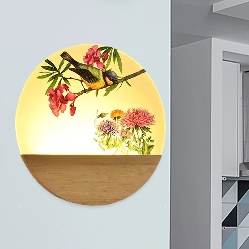 Houten ronde vogel en boom muurschildering licht Chinese stijl LED acryl wandverlichting idee voor nachtkastje Clearhalo