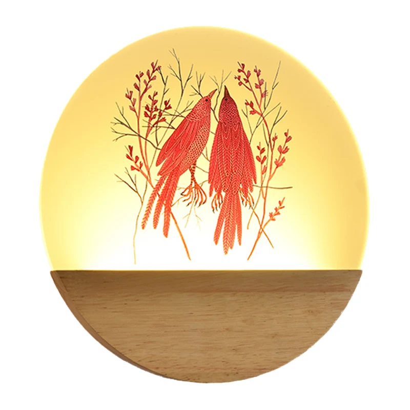 Houten ronde vogel en boom muurschildering licht Chinese stijl LED acryl wandverlichting idee voor nachtkastje Clearhalo