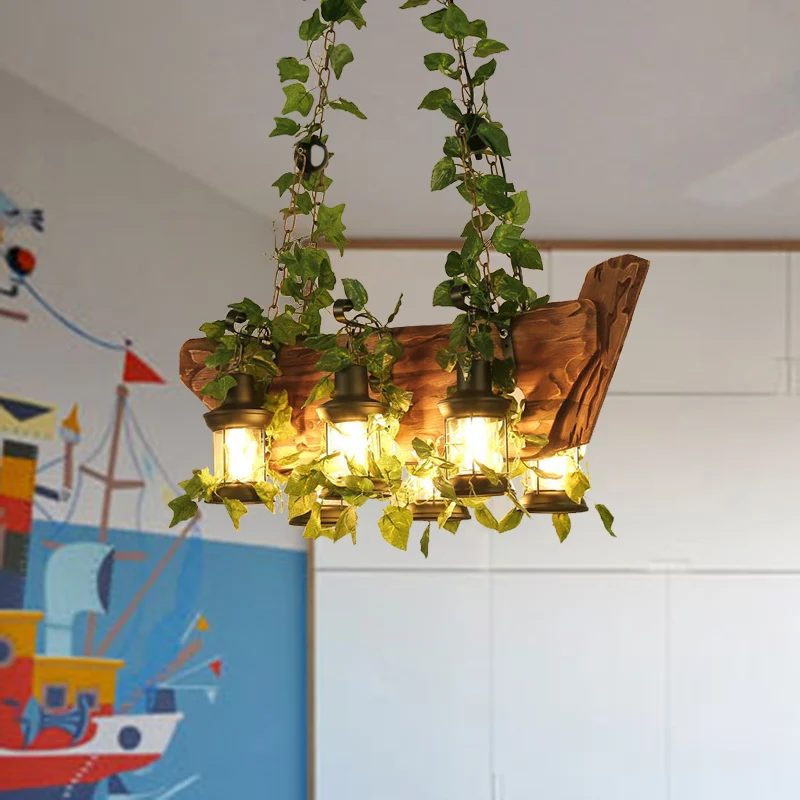 Houten roze/groene eiland hanglamp lantaarn 6 lampen industriële LED plant/bloem hanglampenset Clearhalo