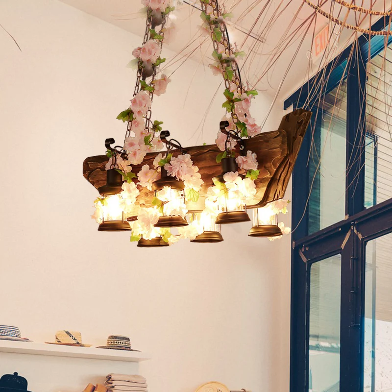 Houten roze/groene eiland hanglamp lantaarn 6 lampen industriële LED plant/bloem hanglampenset Clearhalo