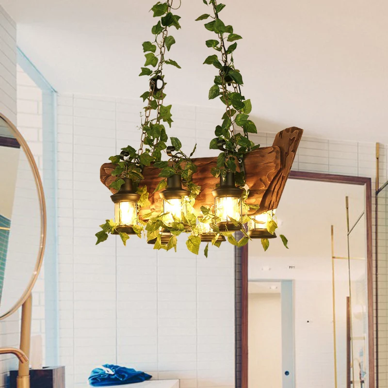 Houten roze/groene eiland hanglamp lantaarn 6 lampen industriële LED plant/bloem hanglampenset Clearhalo