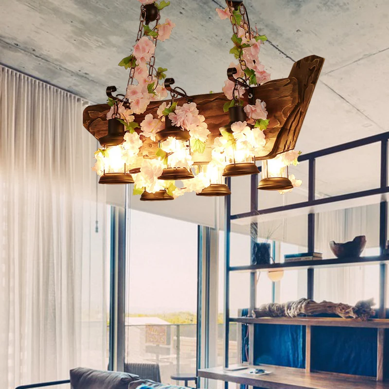 Houten roze/groene eiland hanglamp lantaarn 6 lampen industriële LED plant/bloem hanglampenset Clearhalo