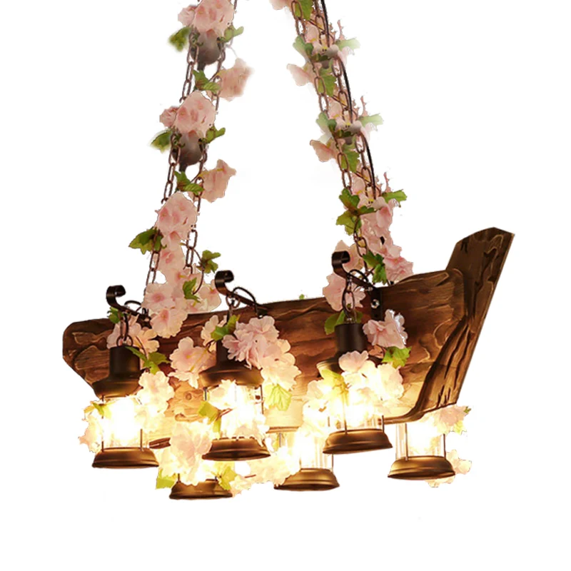 Houten roze/groene eiland hanglamp lantaarn 6 lampen industriële LED plant/bloem hanglampenset Clearhalo