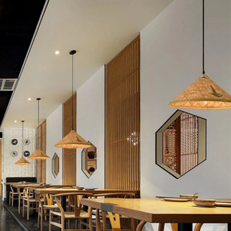 Houten strohoedvormige hanglamp Aziatische stijl 1 lamp Bamboe hangende lamp Clearhalo