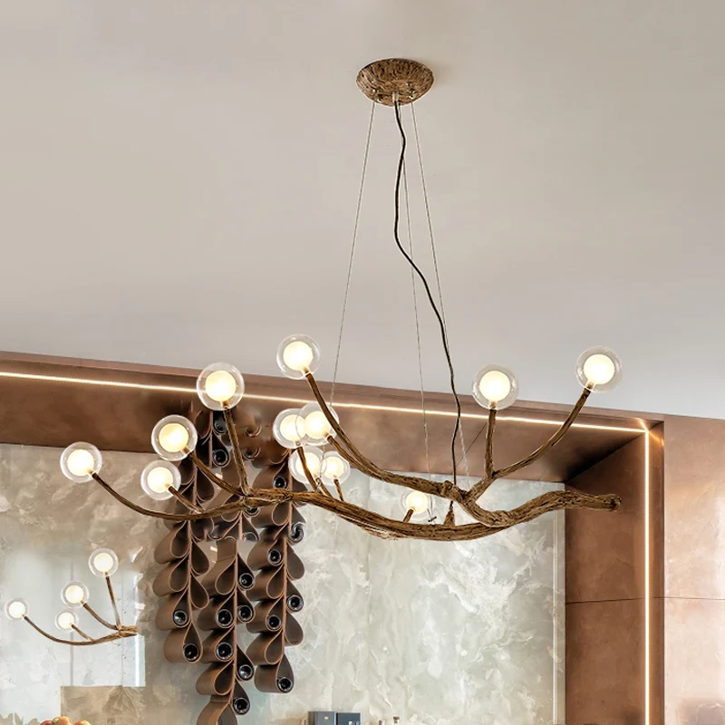 Houten Tak Kroonluchter Lamp Lodge Stijl 8/12/16 Lichten Bruin Plafondlamp Met Helder Glazen Bol Schaduw, Warm/Wit Licht C...