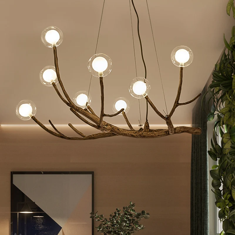 Houten Tak Kroonluchter Lamp Lodge Stijl 8/12/16 Lichten Bruin Plafondlamp Met Helder Glazen Bol Schaduw, Warm/Wit Licht C...