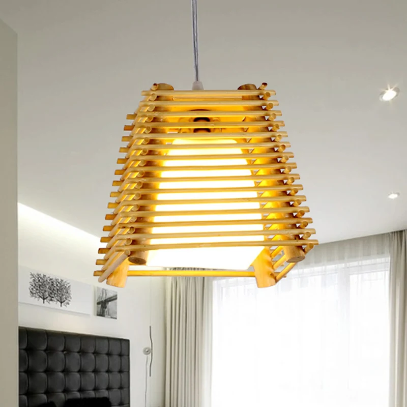 Houten trapeziumvormige hanglamp Japanse 1-lichts houten hanglamp met witte glazen kap voor slaapkamer Clearhalo