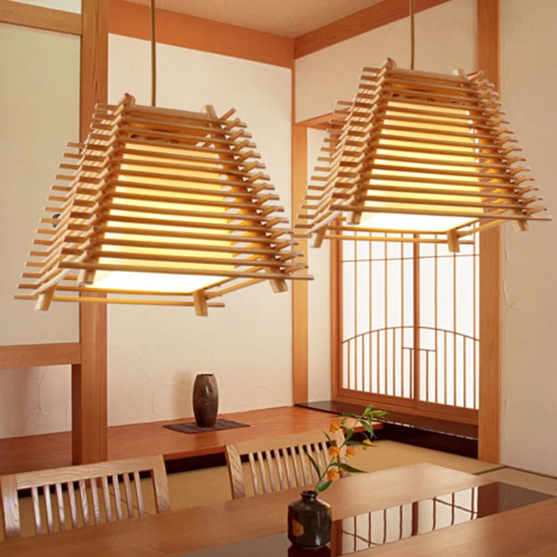 Houten trapeziumvormige hanglamp Japanse 1-lichts houten hanglamp met witte glazen kap voor slaapkamer Clearhalo