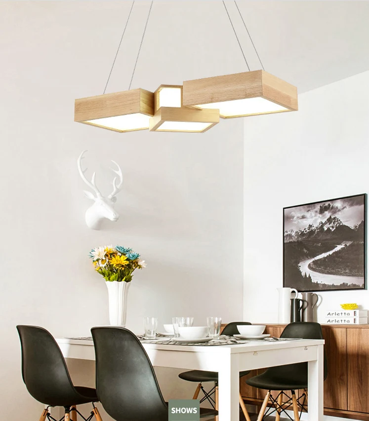 Houten vierkante eilandverlichtingsarmatuur Moderne stijl LED houten hangende plafondlamp Clearhalo