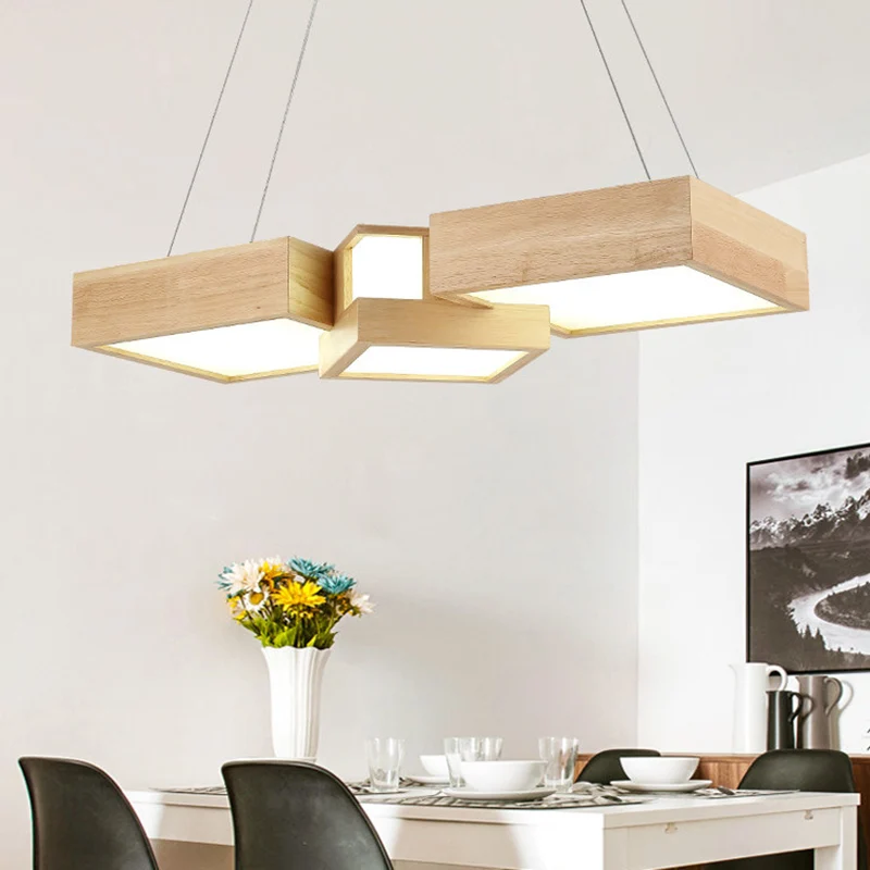 Houten vierkante eilandverlichtingsarmatuur Moderne stijl LED houten hangende plafondlamp Clearhalo