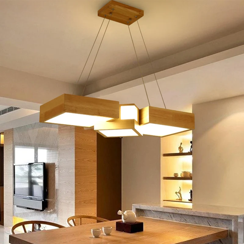 Houten vierkante eilandverlichtingsarmatuur Moderne stijl LED houten hangende plafondlamp Clearhalo