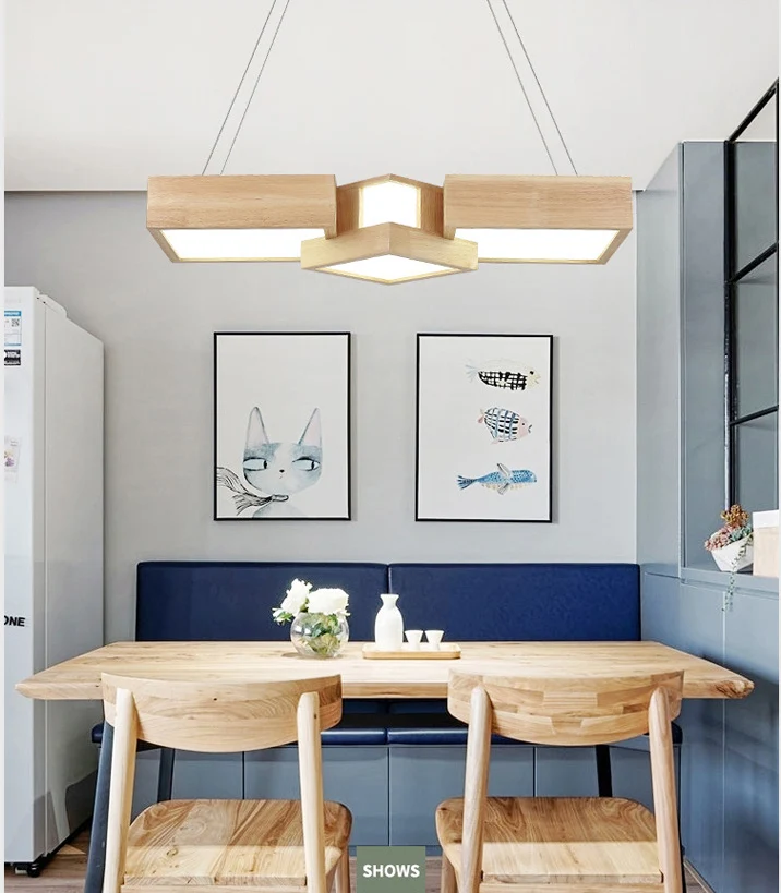 Houten vierkante eilandverlichtingsarmatuur Moderne stijl LED houten hangende plafondlamp Clearhalo