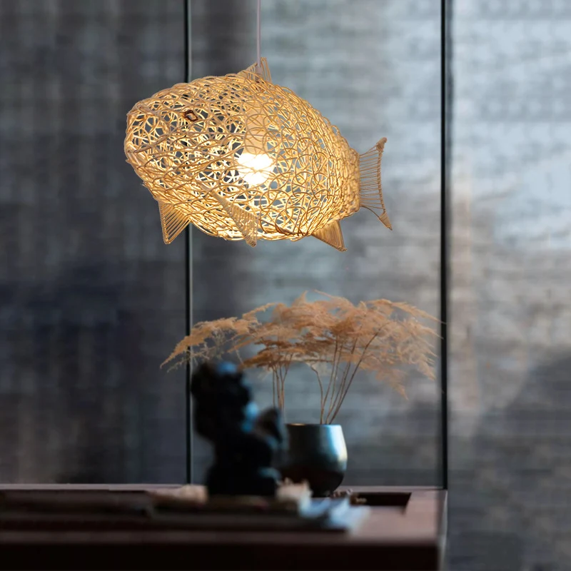 Houten Vis Hanglamp Traditie Bamboe 1 Lamp Hanglampenset voor Restaurant Clearhalo