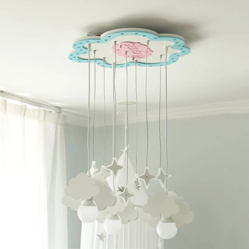 Houten wolkencluster hanglamp kinderen 3 lampen blauw en wit hanglamp voor kinderkamer Clearhalo
