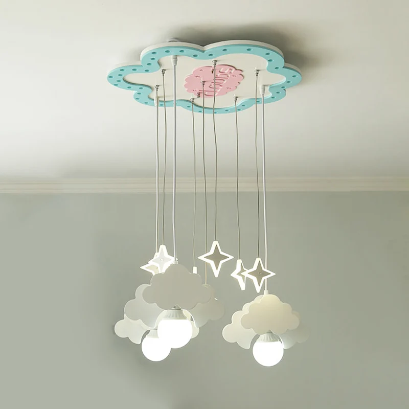 Houten wolkencluster hanglamp kinderen 3 lampen blauw en wit hanglamp voor kinderkamer Clearhalo