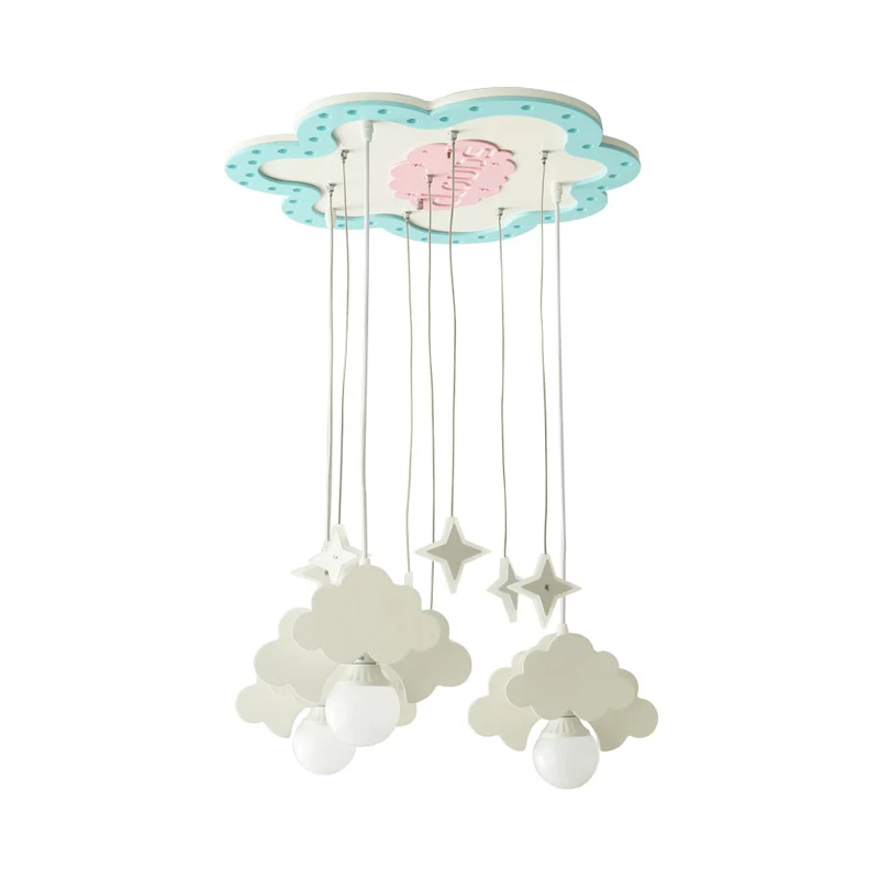 Houten wolkencluster hanglamp kinderen 3 lampen blauw en wit hanglamp voor kinderkamer Clearhalo