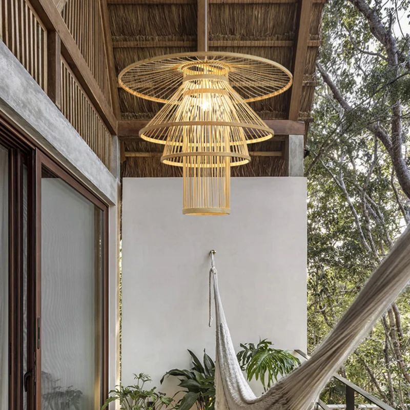 Houtgelaagde hanglamp Eenvoud 1 lamp Bamboe hanglamp voor theesalon Clearhalo