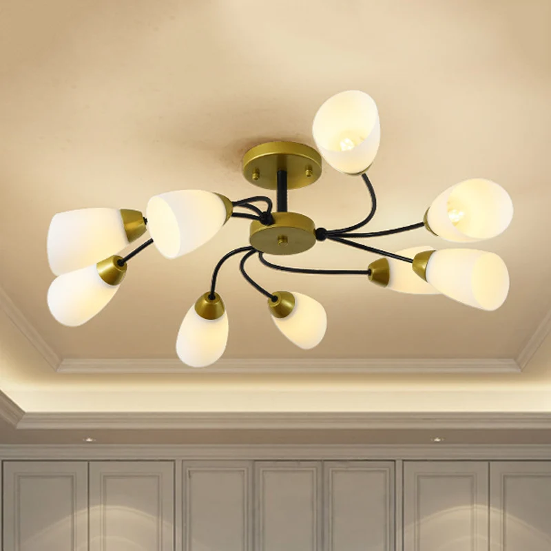 Ijzer Zwart/Goud Plafondarmatuur Spiraal 9/12-kops Traditionele Semi-inbouwlamp met taps toelopende witte glazen kap Clear...