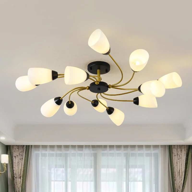 Ijzer Zwart/Goud Plafondarmatuur Spiraal 9/12-kops Traditionele Semi-inbouwlamp met taps toelopende witte glazen kap Clear...
