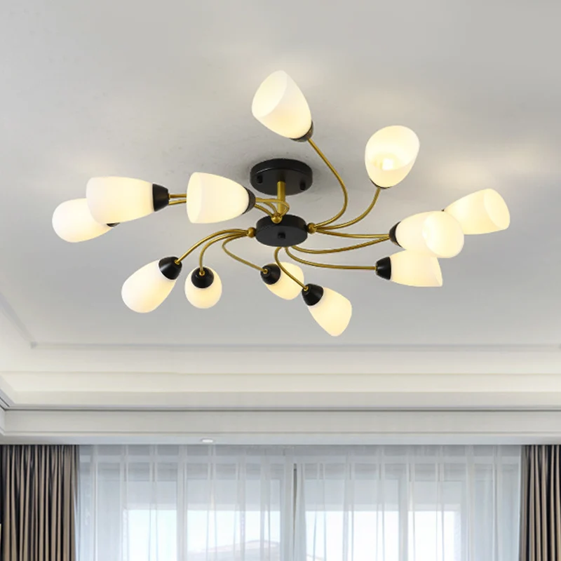 Ijzer Zwart/Goud Plafondarmatuur Spiraal 9/12-kops Traditionele Semi-inbouwlamp met taps toelopende witte glazen kap Clear...