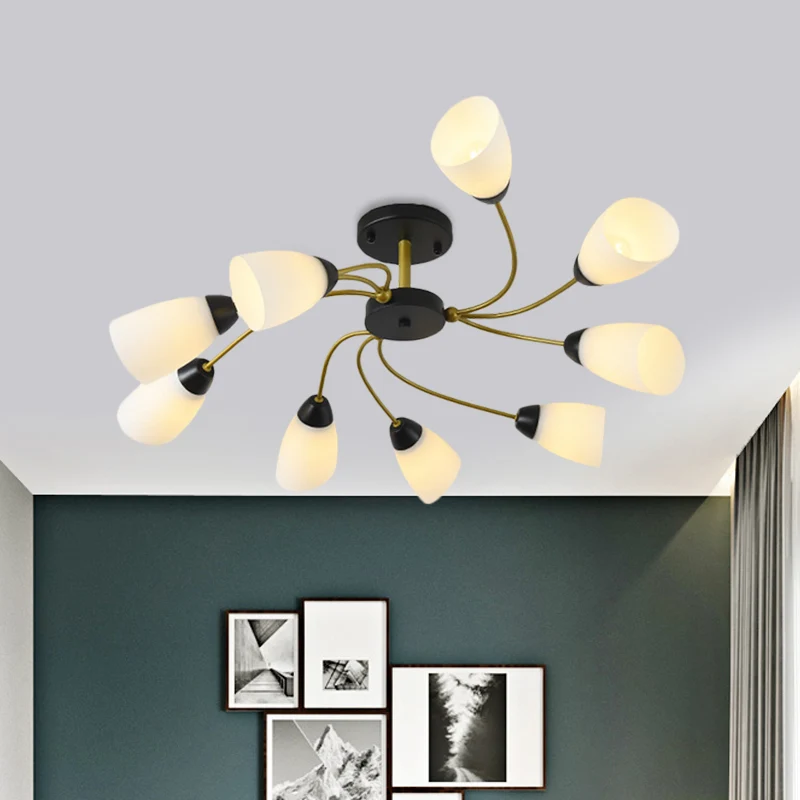 Ijzer Zwart/Goud Plafondarmatuur Spiraal 9/12-kops Traditionele Semi-inbouwlamp met taps toelopende witte glazen kap Clear...