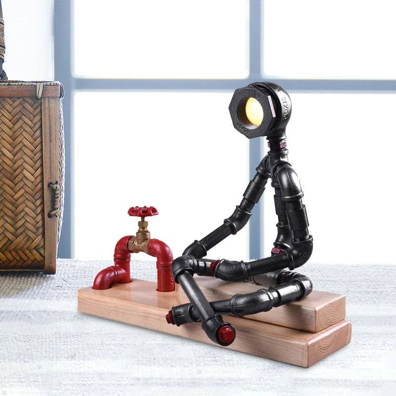 IJzeren denkertafellamp met gekruiste poten, industriële LED-slaapkamernachtlamp zwart met ventieldeco en rechthoekige hou...