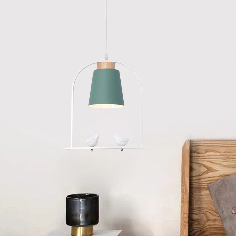 IJzeren emmer slingerlamp Macaron 1 kop grijs/geel/roze hanglampset met boogframe en vogeldecor Clearhalo