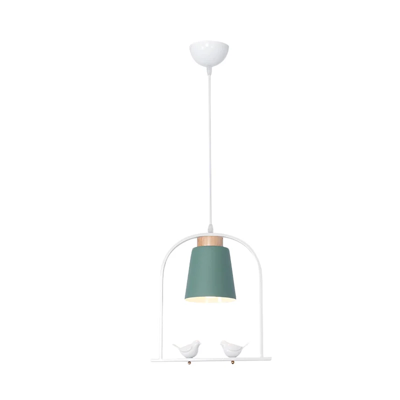 IJzeren emmer slingerlamp Macaron 1 kop grijs/geel/roze hanglampset met boogframe en vogeldecor Clearhalo