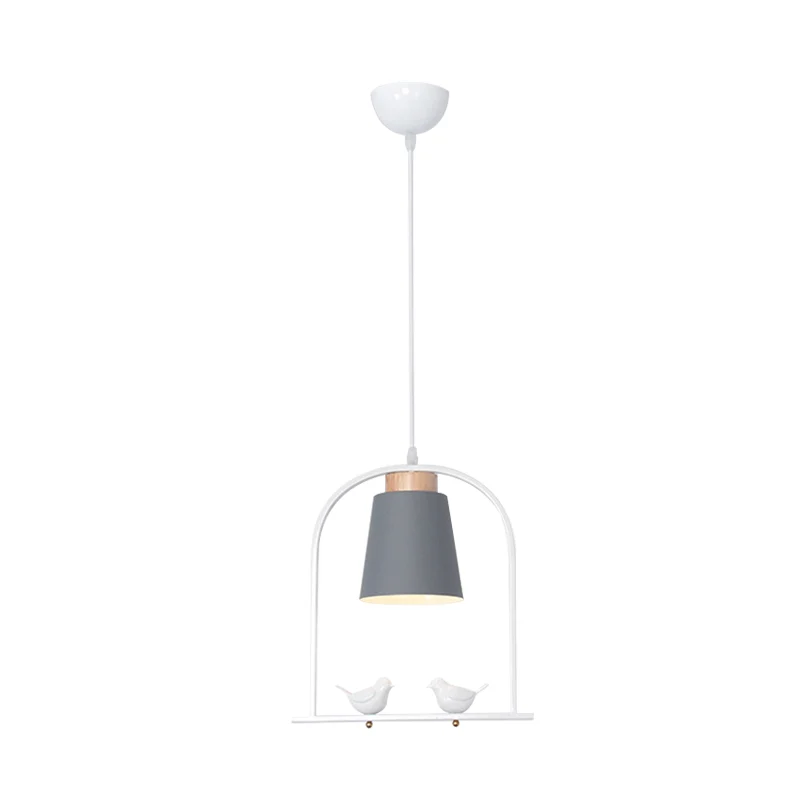IJzeren emmer slingerlamp Macaron 1 kop grijs/geel/roze hanglampset met boogframe en vogeldecor Clearhalo