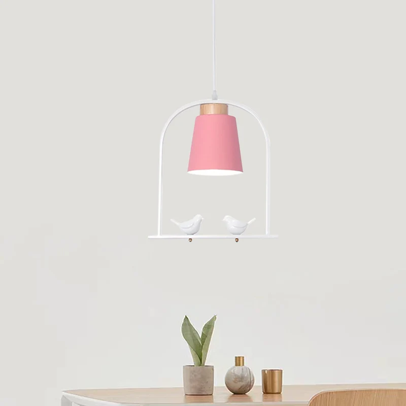 IJzeren emmer slingerlamp Macaron 1 kop grijs/geel/roze hanglampset met boogframe en vogeldecor Clearhalo